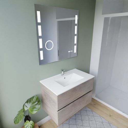 Meuble Vasque Rosaly Inox 80 Cm + Miroir Excell Plus- Bois- Plan Vasque En Céramique