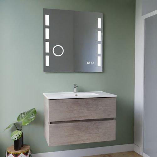 Meuble Vasque Rosaly Inox 80 Cm + Miroir Excell Plus- Bois- Plan Vasque En Céramique