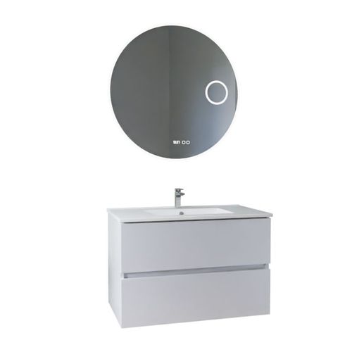 Meuble Vasque Rosaly Inox 80 Cm + Miroir Rondinara- Blanc- Plan Vasque En Céramique