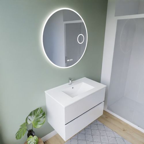 Meuble Vasque Rosaly Inox 80 Cm + Miroir Rondinara- Blanc- Plan Vasque En Céramique