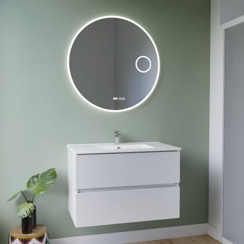 Meuble Vasque Rosaly Inox 80 Cm + Miroir Rondinara- Blanc- Plan Vasque En Céramique