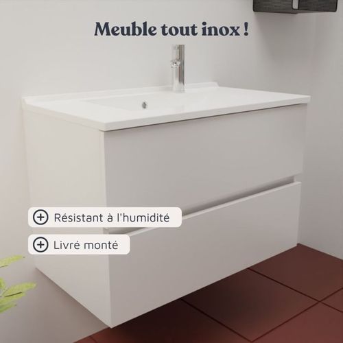 Meuble Vasque Rosaly Inox 80 Cm + Miroir Rondinara- Blanc- Plan Vasque En Céramique