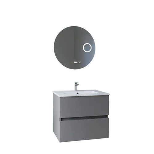 Meuble Vasque Rosaly Inox 60 Cm + Miroir Rondinara- Gris- Plan Vasque En Céramique
