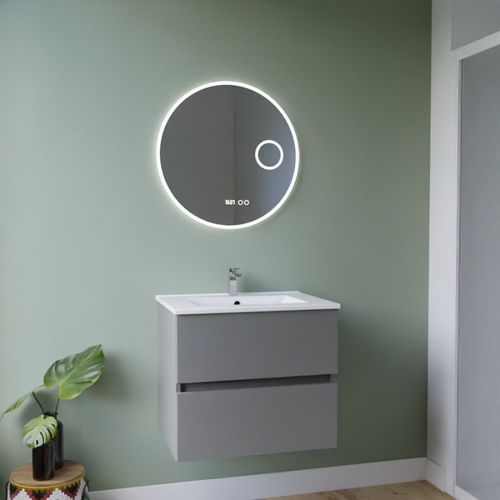 Meuble Vasque Rosaly Inox 60 Cm + Miroir Rondinara- Gris- Plan Vasque En Céramique