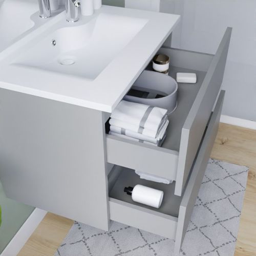 Meuble Vasque Rosaly Inox 60 Cm + Miroir Rondinara- Gris- Plan Vasque En Céramique