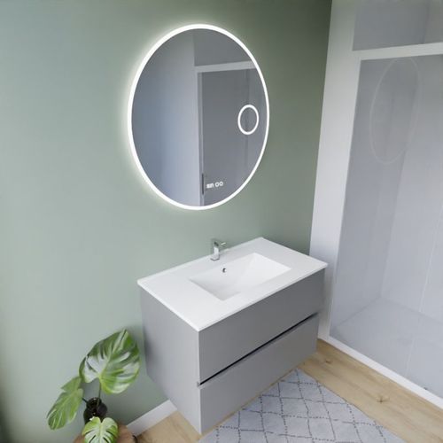 Meuble Vasque Rosaly Inox 80 Cm + Miroir Rondinara- Gris- Plan Vasque En Céramique