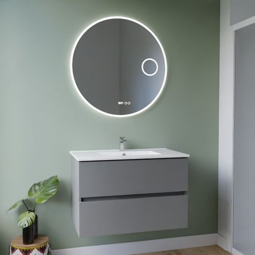 Meuble Vasque Rosaly Inox 80 Cm + Miroir Rondinara- Gris- Plan Vasque En Céramique