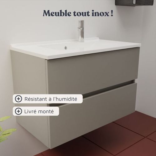 Meuble Vasque Rosaly Inox 80 Cm + Miroir Rondinara- Gris- Plan Vasque En Céramique