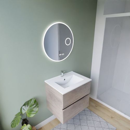 Meuble Vasque Rosaly Inox 60 Cm + Miroir Rondinara- Bois- Plan Vasque En Céramique