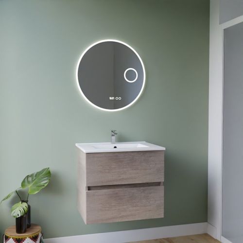 Meuble Vasque Rosaly Inox 60 Cm + Miroir Rondinara- Bois- Plan Vasque En Céramique