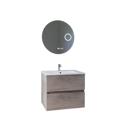 Meuble Vasque Rosaly Inox 60 Cm + Miroir Rondinara- Bois- Plan Vasque En Céramique