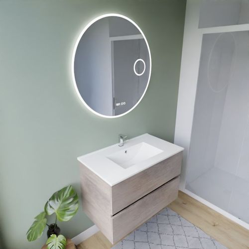 Meuble Vasque Rosaly Inox 80 Cm + Miroir Rondinara- Bois- Plan Vasque En Céramique