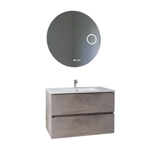 Meuble Vasque Rosaly Inox 80 Cm + Miroir Rondinara- Bois- Plan Vasque En Céramique