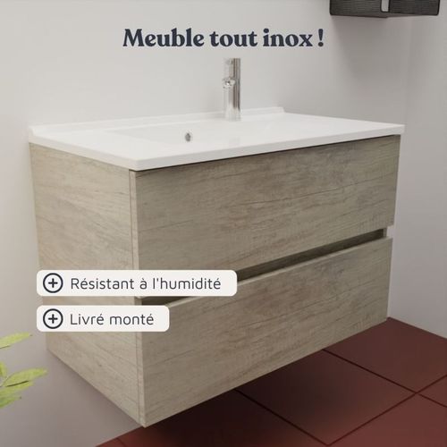 Meuble Vasque Rosaly Inox 80 Cm + Miroir Rondinara- Bois- Plan Vasque En Céramique