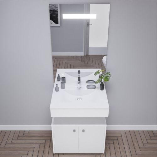 Meuble Vasque Pmr Epure 70 Cm Avec Miroir LED Eleg Plus Et Caisson Roulant - Blanc Brillant