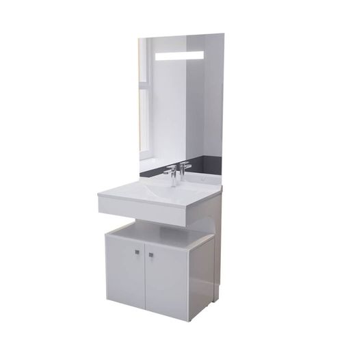 Meuble Vasque Pmr Epure 70 Cm Avec Miroir LED Eleg Plus Et Caisson Roulant - Blanc Brillant