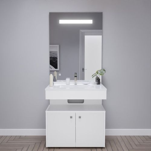 Meuble Vasque Pmr Epure 80 Cm Avec Miroir LED Elégance Et Caisson Roulant - Blanc Brillant