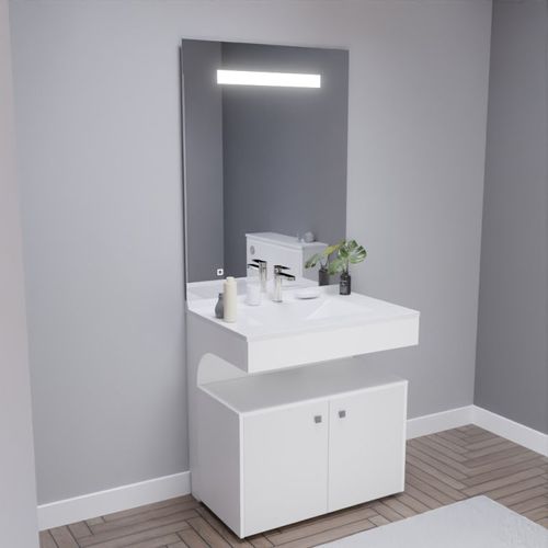 Meuble Vasque Pmr Epure 80 Cm Avec Miroir LED Elégance Et Caisson Roulant - Blanc Brillant