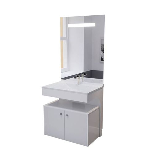 Meuble Vasque Pmr Epure 80 Cm Avec Miroir LED Elégance Et Caisson Roulant - Blanc Brillant
