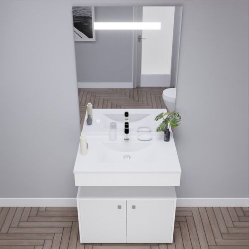 Meuble Vasque Pmr Epure 80 Cm Avec Miroir LED Elégance Et Caisson Roulant - Blanc Brillant