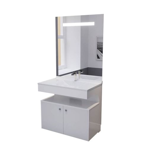 Meuble Vasque Pmr Epure 90 Cm Avec Miroir LED Elégance Et Caisson Roulant - Blanc Brillant