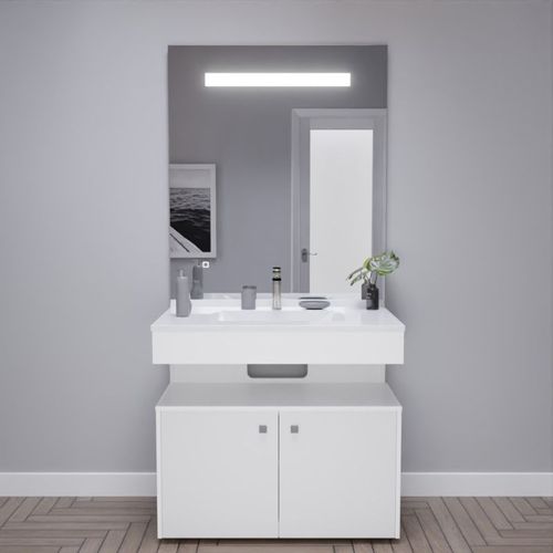 Meuble Vasque Pmr Epure 90 Cm Avec Miroir LED Elégance Et Caisson Roulant - Blanc Brillant