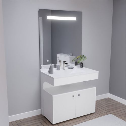Meuble Vasque Pmr Epure 90 Cm Avec Miroir LED Elégance Et Caisson Roulant - Blanc Brillant