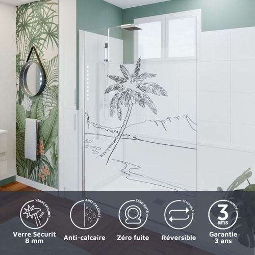 Paroi De Douche Verre Transparent Avec Dessin Mer Et Palmier Palma 140 Cm