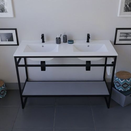 Meuble Salle De Bain Structura 120 Cm Avec Plan Double Vasque- Céramique - Gris