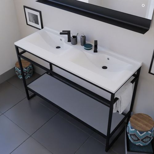 Ensemble Structura 120 Cm Avec Plan Double Vasque Et Miroir LED Etal- Résine - Gris