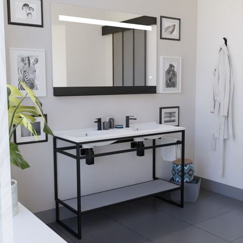 Ensemble Structura 120 Cm Avec Plan Double Vasque Et Miroir LED Etal- Résine - Gris