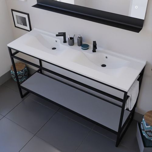 Ensemble Structura 140 Cm Avec Plan Double Vasque Et Miroir LED Etal- Plan Stratifié Gris