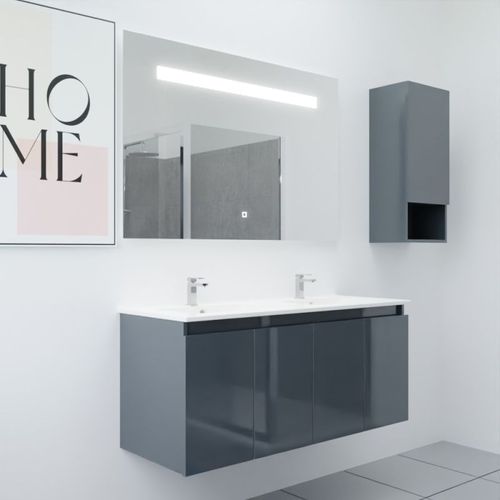 Meuble Proline 120 Cm Avec Plan Double Vasque Et Miroir Elégance Ht80- Gris- Céramique