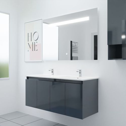 Meuble Proline 120 Cm Avec Plan Double Vasque Et Miroir Elégance Ht80- Gris- Céramique