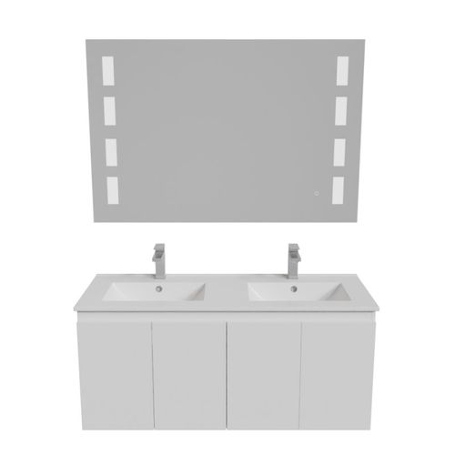 Meuble Proline 120 Cm Avec Plan Double Vasque Et Miroir Prestige- Blanc- Céramique