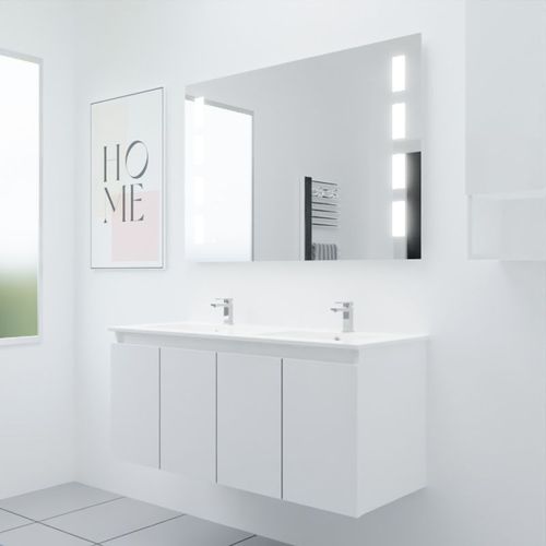 Meuble Proline 120 Cm Avec Plan Double Vasque Et Miroir Prestige- Blanc- Céramique