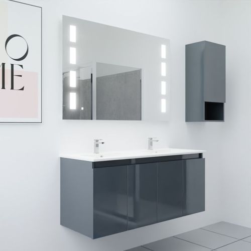 Meuble Proline 120 Cm Avec Plan Double Vasque Et Miroir Prestige- Gris- Céramique