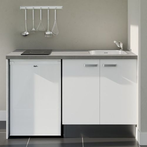 Kitchenette K17l-pt - 140  - Façade Blanc - Plan Gris - Evier Inox - Crédences Non