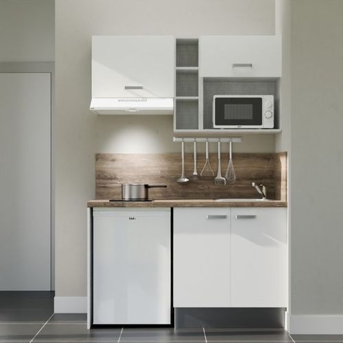 Kitchenette K13l-pt - 140 - Façade Blanc - Plan Bois - Evier Inox - Crédences Oui