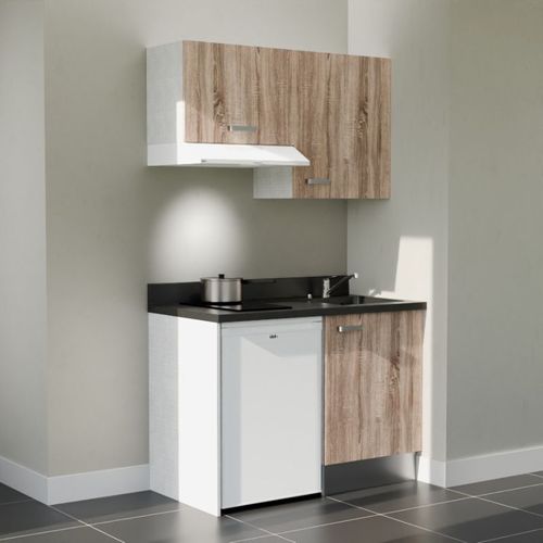 K01 : Bois - Plan Monobloc Nero Évier à Droite + Electro Blanc