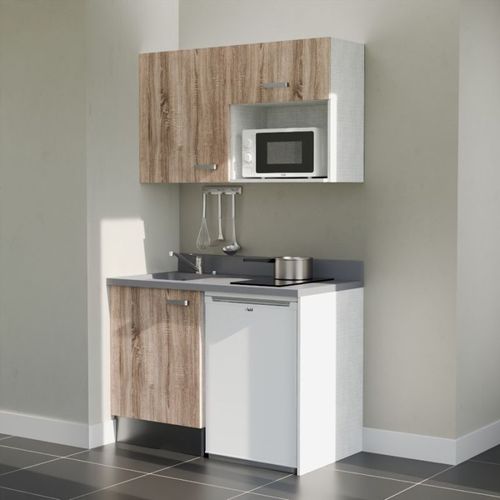 K07 : Bois - Plan Monobloc Cromo Évier à Gauche + Electro Blanc