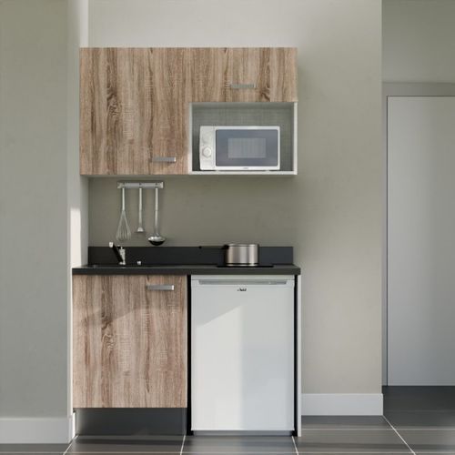 K07 : Bois - Plan Monobloc Nero Évier à Gauche + Electro Blanc