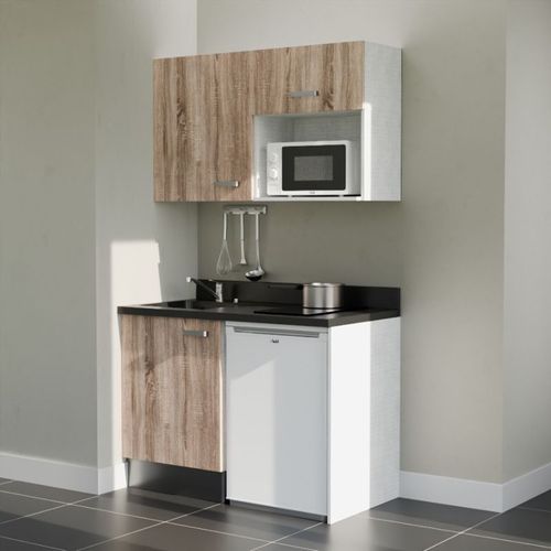 K07 : Bois - Plan Monobloc Nero Évier à Gauche + Electro Blanc