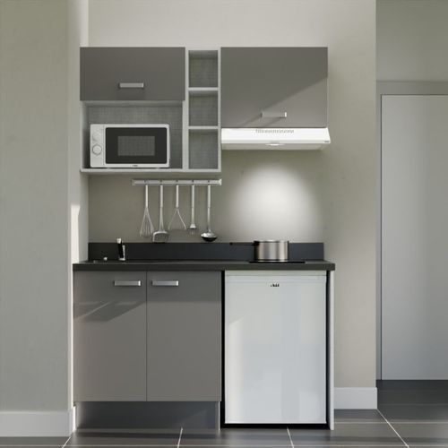 K13 : Gris - Plan Monobloc Nero Évier à Gauche + Electro Blanc