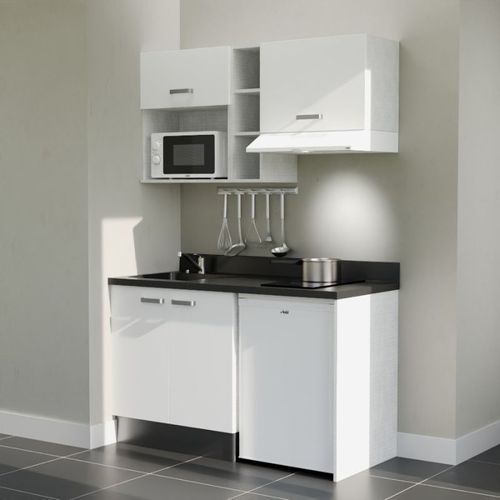 K13 : Blanc - Plan Monobloc Nero Évier à Gauche + Electro Blanc
