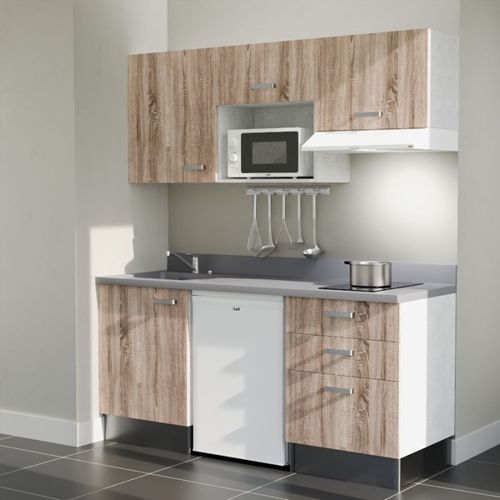 K20 : Bois - Plan Monobloc Cromo Évier à Droite + Electro Blanc