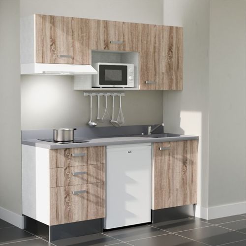 K20 : Bois - Plan Monobloc Cromo Évier à Droite + Electro Blanc