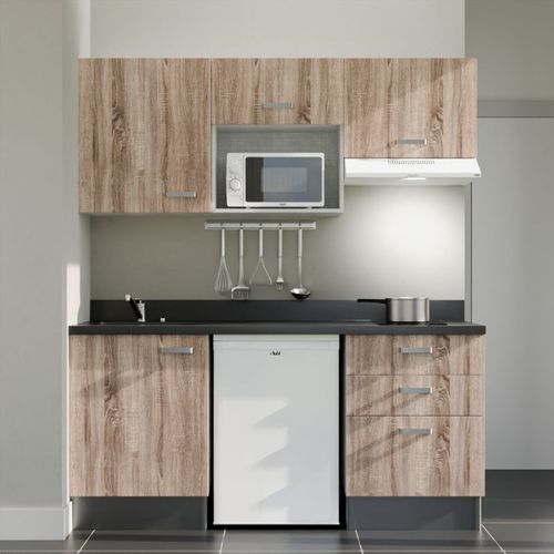 K20 : Bois - Plan Monobloc Nero Évier à Droite + Electro Blanc