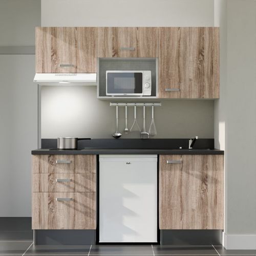 K20 : Bois - Plan Monobloc Nero Évier à Droite + Electro Blanc