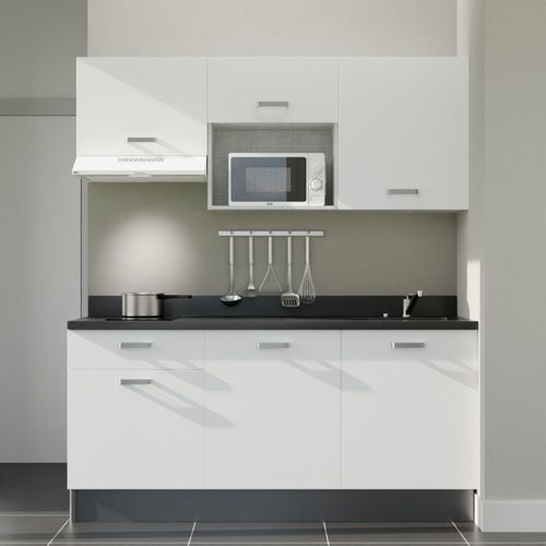 K30 : Blanc - Plan Monobloc Nero Évier à Droite + Electro Blanc